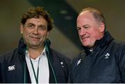 16 March 2024; Outgoing IRFU performance director David Nucifora, left, and incoming IRFU performance director David Humphreys during the Guinness Six Nations Rugby Championship match between Ireland and Scotland at the Aviva Stadium in Dublin. Photo by Brendan Moran/Sportsfile