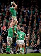 16 March 2024; Caelan Doris of Ireland takes the ball in a lineout during the Guinness Six Nations Rugby Championship match between Ireland and Scotland at the Aviva Stadium in Dublin. Photo by Brendan Moran/Sportsfile