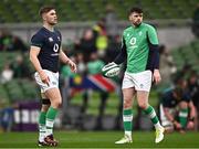 16 March 2024; Jack Crowley and Harry Byrne of Ireland before the Guinness Six Nations Rugby Championship match between Ireland and Scotland at the Aviva Stadium in Dublin. Photo by Harry Murphy/Sportsfile
