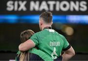 16 March 2024; Ireland captain Peter O’Mahony with his wife Jessica Moloney after the Guinness Six Nations Rugby Championship match between Ireland and Scotland at the Aviva Stadium in Dublin. Photo by Brendan Moran/Sportsfile
