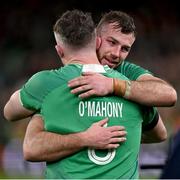 16 March 2024; Caelan Doris embraces Ireland captain Peter O'Mahony after the Guinness Six Nations Rugby Championship match between Ireland and Scotland at the Aviva Stadium in Dublin. Photo by Brendan Moran/Sportsfile