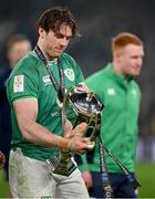 16 March 2024; Ryan Baird of Ireland with the Six Nations trophy after the Guinness Six Nations Rugby Championship match between Ireland and Scotland at the Aviva Stadium in Dublin. Photo by Brendan Moran/Sportsfile