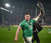 16 March 2024; Tadhg Furlong of Ireland with the trophy after his side's victory in the Guinness Six Nations Rugby Championship match between Ireland and Scotland at the Aviva Stadium in Dublin. Photo by Harry Murphy/Sportsfile