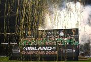 16 March 2024; Ireland players celebrate with the trophy after their side's victory in the Guinness Six Nations Rugby Championship match between Ireland and Scotland at the Aviva Stadium in Dublin. Photo by Harry Murphy/Sportsfile