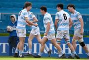 17 March 2024; Blackrock College players, including Paddy Moore, centre, celebrate their side's third try during the Bank of Ireland Leinster Schools Senior Cup final match between Blackrock College and St Michael's College at the RDS Arena in Dublin. Photo by Sam Barnes/Sportsfile