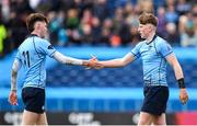 17 March 2024; St Michael's College players Patrick Wood, left, and Dan Ryan after their side's defeat in the Bank of Ireland Leinster Schools Senior Cup final match between Blackrock College and St Michael's College at the RDS Arena in Dublin. Photo by Shauna Clinton/Sportsfile