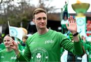 17 March 2024; Team Ireland athlete Shane Ryan is pictured as Team Ireland and PTSB take part in the St. Patrick’s Day Parade on the streets of Dublin as part of the celebrations of 100 years of Team Ireland competing at the Olympic Games. Photo by Tyler Miller/Sportsfile