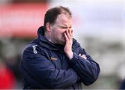 17 March 2024; Roscommon manager Davy Burke reacts during the Allianz Football League Division 1 match between Roscommon and Kerry at Dr Hyde Park in Roscommon. Photo by Ben McShane/Sportsfile