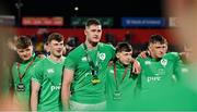 15 March 2024; Ireland captain Evan O’Connell speaks to his teammates after the U20 Six Nations Rugby Championship match between Ireland and Scotland at Virgin Media Park in Cork. Photo by Brendan Moran/Sportsfile