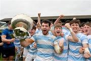 17 March 2024; Blackrock College players including captain Jack Angulo celebrate with the Leinster Schools Senior Cup after their side's victory in the Bank of Ireland Leinster Schools Senior Cup final match between Blackrock College and St Michael's College at the RDS Arena in Dublin. Photo by Sam Barnes/Sportsfile