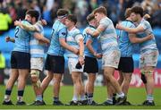 17 March 2024; Blackrock College players, including captain Jack Angulo, left, hug St Michael's College players after the Bank of Ireland Leinster Schools Senior Cup final match between Blackrock College and St Michael's College at the RDS Arena in Dublin. Photo by Shauna Clinton/Sportsfile