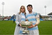 17 March 2024; Blackrock College captain Jack Angulo is presented with the Leinster Schools Senior Cup by his mother Barbara after the Bank of Ireland Leinster Schools Senior Cup final match between Blackrock College and St Michael's College at the RDS Arena in Dublin. Photo by Sam Barnes/Sportsfile