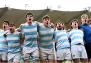 17 March 2024; Blackrock College players including captain Jack Angulo, third from right, sing to supporters after their side's victory in the Bank of Ireland Leinster Schools Senior Cup final match between Blackrock College and St Michael's College at the RDS Arena in Dublin. Photo by Shauna Clinton/Sportsfile