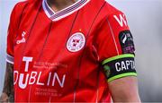 16 March 2024; A detailed view of the captains armband and Shelbourne jersey of Pearl Slattery during the SSE Airtricity Women's Premier Division match between Peamount United and Shelbourne at PRL Park in Greenogue, Dublin. Photo by Ben McShane/Sportsfile