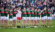 17 March 2024; Mayo players stand for Amhrán na bhFiann before the Allianz Football League Division 1 match between Mayo and Derry at Hastings Insurance MacHale Park in Castlebar, Mayo. Photo by Piaras Ó Mídheach/Sportsfile