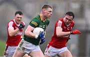 16 March 2024; Mathew Costello of Meath and Sean Meehan of Cork during the Allianz Football League Division 2 match between Meath and Cork at Páirc Tailteann in Navan, Meath. Photo by Ben McShane/Sportsfile