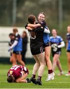 16 March 2024; Loreto College Cavan players Brianna Quaile, right, and Niamh Boyle Drought celebrate at the final whistle during the 2024 Lidl All-Ireland Junior Post-Primary Schools Junior A Championship final between FCJ Secondary School, Bunclody, Wexford and Loreto College, Cavan, at the GAA National Games Development Centre, Abbotstown in Dublin. Photo by Michael P Ryan/Sportsfile