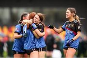 16 March 2024; Loreto College Cavan players from left, Caitlin Crowe, Katie O’Meara, Ciara Fitzpatrick, and Muireann Donohoe celebrate at the final whistle during the 2024 Lidl All-Ireland Junior Post-Primary Schools Junior A Championship final between FCJ Secondary School, Bunclody, Wexford and Loreto College, Cavan, at the GAA National Games Development Centre, Abbotstown in Dublin. Photo by Michael P Ryan/Sportsfile