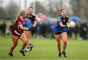 16 March 2024; Eimear Gannon of Loreto College Cavan in action against Makayla Tobin Cosgrave of FCJ Bunclody during the 2024 Lidl All-Ireland Junior Post-Primary Schools Junior A Championship final between FCJ Secondary School, Bunclody, Wexford and Loreto College, Cavan, at the GAA National Games Development Centre, Abbotstown in Dublin. Photo by Michael P Ryan/Sportsfile