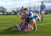 17 March 2024; Cillian Murphy of Tullow RFC scores his side's fifth try despite the tackle of Tony Martin of Athy RFC during the Bank of Ireland Provincial Towns Cup Second Round match between Tullow RFC and Athy RFC at Tullow RFC in Carlow. Photo by Matt Browne/Sportsfile