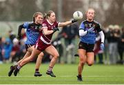 16 March 2024; Emily Roban of FCJ Bunclody in action against Sophie Walsh, left, and Kate McSeain of Loreto College Cavan during the 2024 Lidl All-Ireland Junior Post-Primary Schools Junior A Championship final between FCJ Secondary School, Bunclody, Wexford and Loreto College, Cavan, at the GAA National Games Development Centre, Abbotstown in Dublin. Photo by Michael P Ryan/Sportsfile *** NO REPRODUCTION FEE ***