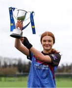 16 March 2024; Loreto College Cavan captain Katie O'Meara with the cup after her side's victory in the 2024 Lidl All-Ireland Junior Post-Primary Schools Junior A Championship final between FCJ Secondary School, Bunclody, Wexford and Loreto College, Cavan, at the GAA National Games Development Centre, Abbotstown in Dublin. Photo by Michael P Ryan/Sportsfile *** NO REPRODUCTION FEE ***