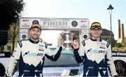 17 March 2024; Keith Cronin and Mikie Galvin celebrate with the cup after winning the Clonakilty Park Hotel West Cork Rally Round 2 of the Irish Tarmac Rally Championship in Clonakilty, Cork. Photo by Philip Fitzpatrick/Sportsfile