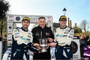 17 March 2024; Keith Cronin and Mikie Galvin with clerk of the course Steve Davis after winning the Clonakilty Park Hotel West Cork Rally Round 2 of the Irish Tarmac Rally Championship in Clonakilty, Cork. Photo by Philip Fitzpatrick/Sportsfile