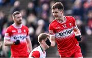 17 March 2024; Shane McGuigan of Derry celebrates scoring his side's second goal during the Allianz Football League Division 1 match between Mayo and Derry at Hastings Insurance MacHale Park in Castlebar, Mayo. Photo by Piaras Ó Mídheach/Sportsfile