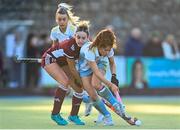 17 March 2024; Sarah McAuley of UCD LHC in action against Hannah McLoughlin of Loreto HC during the Jacqui Potter Cup final match between UCD LHC and Loreto HC at Three Rock Rovers Hockey Club in Rathfarnham, Dublin. Photo by Tyler Miller/Sportsfile