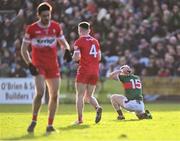 17 March 2024; Ryan O'Donoghue of Mayo reacts after scoring a point, while Derry's goal was empty, during the Allianz Football League Division 1 match between Mayo and Derry at Hastings Insurance MacHale Park in Castlebar, Mayo. Photo by Piaras Ó Mídheach/Sportsfile