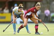 17 March 2024; Mia Jennings of Loreto HC in action against Leah O'Shea of UCD LHC during the Jacqui Potter Cup final match between UCD LHC and Loreto HC at Three Rock Rovers Hockey Club in Rathfarnham, Dublin. Photo by Tyler Miller/Sportsfile *** NO REPRODUCTION FEE ***