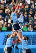 17 March 2024; Frazer McKenna of St  Michael's College  wins a lineout ahead of Jack Angulo of Blackrock College during the Bank of Ireland Leinster Schools Senior Cup final match between Blackrock College and St Michael's College at the RDS Arena in Dublin. Photo by Shauna Clinton/Sportsfile