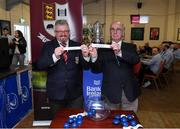 17 March 2024; Pat Byrne Presedent of Tullow RFC draws Tullow and Pat Carolan from Leinster Rugby draws Co Carlow FC during the Bank of Ireland Provincial Towns Cup Third Round Draw at Tullow RFC in Carlow. Photo by Matt Browne/Sportsfile