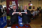 17 March 2024; Pat Byrne Presedent of Tullow RFC draws Mullingar RFC and Pat Carolan from Leinster Rugby draws Wicklow RFC during the Bank of Ireland Provincial Towns Cup Third Round Draw at Tullow RFC in Carlow. Photo by Matt Browne/Sportsfile