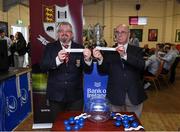 17 March 2024; Pat Byrne Presedent of Tullow RFC draws Cill Dara RFC and Pat Carolan from Leinster Rugby draws Ashbourne RFC during the Bank of Ireland Provincial Towns Cup Third Round Draw at Tullow RFC in Carlow. Photo by Matt Browne/Sportsfile