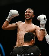 17 March 2024; Sofiane Khati celebrates after his victory over Gary O'Sullivan in their middle weight bout at TF Royal Theatre in Castlebar, Mayo. Photo by Piaras Ó Mídheach/Sportsfile Photo by Piaras Ó Mídheach/Sportsfile