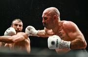 17 March 2024; Gary O'Sullivan, right, in action against Sofiane Khati during their middle weight bout at TF Royal Theatre in Castlebar, Mayo. Photo by Piaras Ó Mídheach/Sportsfile Photo by Piaras Ó Mídheach/Sportsfile