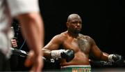 17 March 2024; Dillian Whyte reacts after his heavy weight bout against Christian Hammer was stopped by Hammer's corner, resulting in victory for Whyte, after the third round at TF Royal Theatre in Castlebar, Mayo. Photo by Piaras Ó Mídheach/Sportsfile