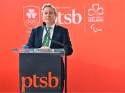 17 March 2024; PTSB Chief Executive Officer Eamonn Crowley speaking as Team Ireland and PTSB take part in the St. Patrick’s Day Parade on the streets of Dublin as part of the celebrations of 100 years of Team Ireland competing at the Olympic Games. Photo by Tyler Miller/Sportsfile