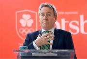 17 March 2024; PTSB Chief Executive Officer Eamonn Crowley speaking as Team Ireland and PTSB take part in the St. Patrick’s Day Parade on the streets of Dublin as part of the celebrations of 100 years of Team Ireland competing at the Olympic Games. Photo by Tyler Miller/Sportsfile