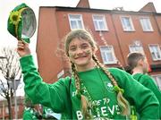 17 March 2024; Dare to believe mascot Szava Lendvaia is pictured as Team Ireland and PTSB take part in the St. Patrick’s Day Parade on the streets of Dublin as part of the celebrations of 100 years of Team Ireland competing at the Olympic Games. Photo by Tyler Miller/Sportsfile