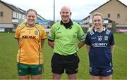 17 March 2024; Referee Shane Curley with team captains Monica McGuirk of Meath, left, and Niamh Carmody of Kerry before the Lidl LGFA National League Division 1 Round 6 match between Meath and Kerry at Donaghmore Ashbourne GAA Club in Ashbourne, Meath. Photo by Brendan Moran/Sportsfile