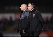 15 March 2024; Bohemians first team coach Derek Pender, right, and coach Trevor Croly during the SSE Airtricity Men's Premier Division match between Bohemians and Derry City at Dalymount Park in Dublin. Photo by Stephen McCarthy/Sportsfile