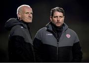 15 March 2024; Derry City manager Ruaidhrí Higgins and assistant manager Paul Hegarty, left, during the SSE Airtricity Men's Premier Division match between Bohemians and Derry City at Dalymount Park in Dublin. Photo by Stephen McCarthy/Sportsfile