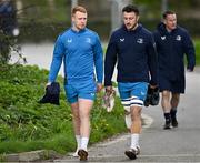 18 March 2024; Ciarán Frawley, left, and Will Connors during a Leinster rugby squad training session at UCD in Dublin. Photo by Harry Murphy/Sportsfile