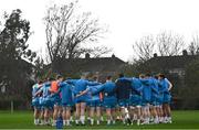18 March 2024; Leinster players huddle during a Leinster rugby squad training session at UCD in Dublin. Photo by Harry Murphy/Sportsfile