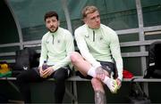 18 March 2024; Sammie Szmodics, right, and Mikey Johnston during a Republic of Ireland training session at the FAI National Training Centre in Abbotstown, Dublin. Photo by Stephen McCarthy/Sportsfile