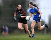 18 March 2024; Isabelle Carr of Ursuline Secondary School in action against Ciara Walsh of St Attracta's Community School during the 2024 Lidl LGFA All-Ireland Post-Primary Schools Senior B Championship final match between St Attracta’s Community School of Tubbercurry, Sligo, and Ursuline Secondary School of Thurles, Tipperary, at St Aidan’s GAA club in Ballyforan, Roscommon. Photo by Piaras Ó Mídheach/Sportsfile