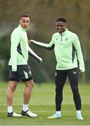 18 March 2024; Chiedozie Ogbene, right, and Adam Idah during a Republic of Ireland training session at the FAI National Training Centre in Abbotstown, Dublin. Photo by Stephen McCarthy/Sportsfile